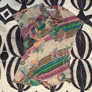 TRINA TURK Tie Neck Detail Multicolor Patterned Blouse Short Sleeve Top